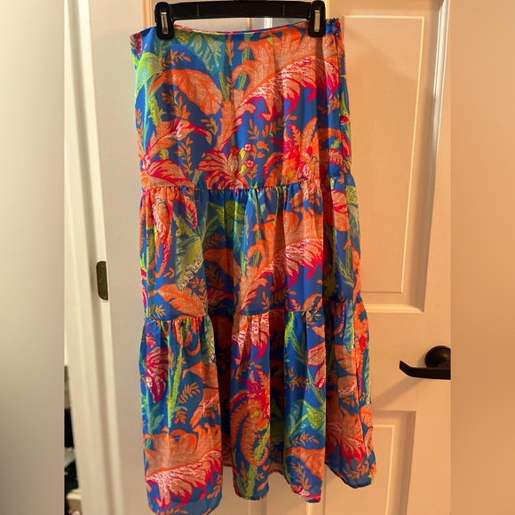 Gretchen Scott Tropical Palm Leaf Printed Long Skirt Tiered Midi Maxi Blue S - Picture 1 of 3